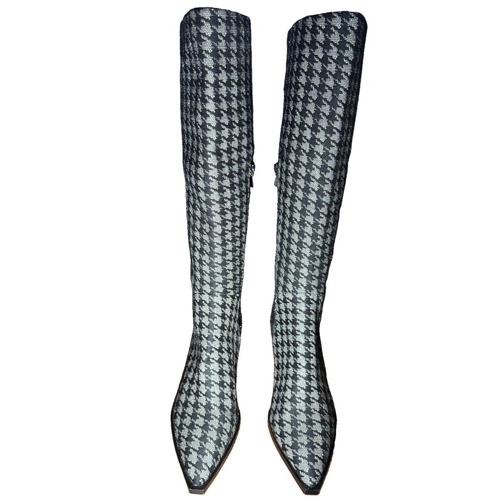 Betsey Johnson Womens 8 Pamella Boots Knee High Silver Heel Black Houndstooth